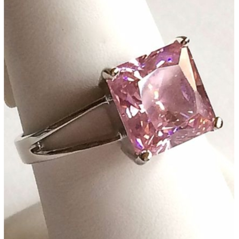 Silver Pink Cubic Zirconia Cocktail Ring Size  6 9 10 Princess cut Rhodium Plate - Picture 5 of 8